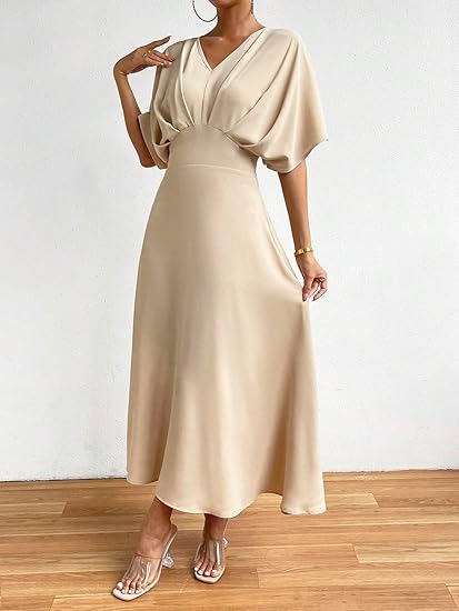 Women's V Neck Half Sleeve Ruched Cocktail Evening A Line Long Dress